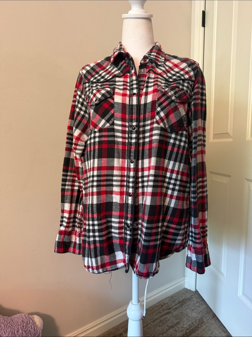 Western cowgirl Women's Red + Black Plaid flannel pearl snap Shirt
